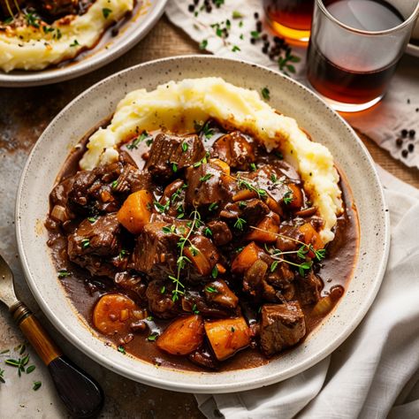 Easy Homemade Beef Bourguignon - Krystel's Cooking Beef Burgonione Recipe, Crockpot Beef Bourguignon, Beef Stew With Red Wine, Beef Red Wine, Easy Beef Bourguignon, Stew With Red Wine, Harvest Menu, Dutch Oven Beef, Beef Bourguignon Recipe