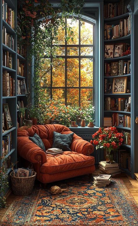 Nook Books, Small Home Library, Dream Home Library, Cozy Reading Chair, Orange Armchair, Cozy Home Library, Cozy Library, Chair Ideas, Home Library Design