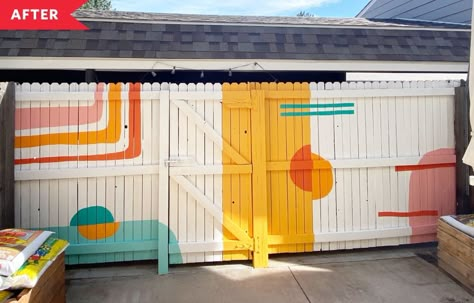 After: Fence painted with colorful geometric mural This Must Be The Place Mural, Painted Fences Mural, Outdoor Wall Murals Backyards, Tall Privacy Fence, Mural Fence, Outdoor Mural Ideas, Patio Mural, Backyard Mural, Garage Mural