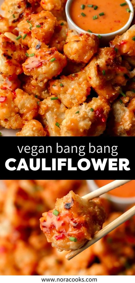 Bang Bang Cauliflower is a sweet and spicy appetizer that is completely irresistible! The cauliflower pieces are easily battered in one bowl, then baked until crispy. Drizzle with bang bang sauce and it's ready to serve. Spicy Vegan Dinner Recipes, Vegan Recipes With Cauliflower, Bang Bang Cauliflower Tacos, Vegan Bang Bang Cauliflower, Erewhon Cauliflower, Bang Bang Cauliflower Air Fryer, Whole Vegan Recipes, Plant Based Cauliflower Recipes, Asian Cauliflower Recipes