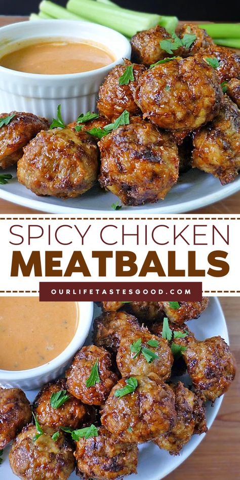 Try Spicy Chicken Meatballs, the best holiday appetizer that’s both nutritious and delicious! This simple holiday recipe features ground chicken, chili powder, cumin, paprika, and honey glaze with Buffalo Ranch Dipping Sauce. Make it today and enjoy! Jalapeño Cheddar Meatballs, Chicken Meatballs Appetizer, Ground Chicken Meatballs Air Fryer, Chicken Meatball Sauce, Ground Chicken Appetizers, Meat Appetizer Recipes, Ranch Chicken Meatballs, Appetizer Recipes Chicken, Chicken Meatball Sliders