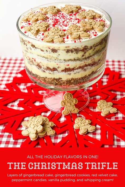 This Christmas Trifle Recipe is the ultimate Holiday Dessert! The Christmas Trifle is made with all the flavors of the holiday season, gingerbread, gingerbread cookies, red velvet, peppermint, vanilla pudding, and whipping cream! There are so many delicious elements to this dessert, it is sure to be a family favorite! The beauty of trifles is that they are easy to assemble and even easier to serve! Vanilla Pudding Trifle, Gingerbread Trifle Recipes, Gingerbread Trifle Desserts, Gingerbread Cookie Trifle, Eggnog Trifle Recipe, Gingerbread Triffle Recipes, Holiday Parfait Desserts, Sugar Cookie Trifle, Chocolate Orange Trifle