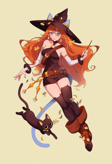 Witch & Cat by @Syertse Magician Pose, Big Hero 6 Oc, Coven Of Witches, Witch Oc, Wizard Cat, Types Of Magic, Anime Witch, Witch Girl, Anime Monsters