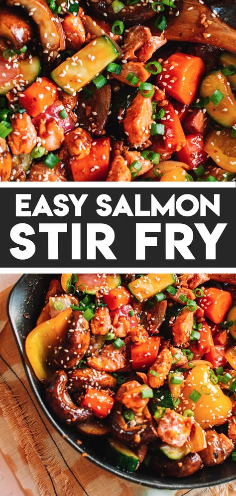 Salmon Stir Fry Healthy, Salmon And Stir Fry Veggies, Salmon Stir Fry Rice, Stir Fry Recipes Salmon, Salmon Scraps Recipe, Stir Fry Salmon, Salmon With Rice And Veggies, Stir Fry Salmon Recipe, Fish Stir Fry Recipes