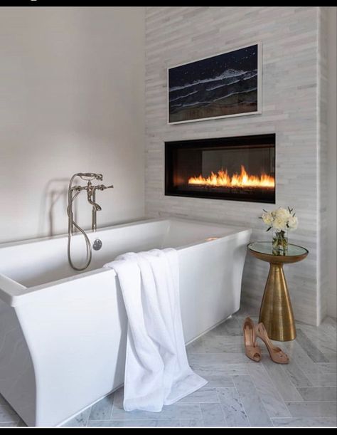 Bathtub With Fireplace, Freestanding Tubs In Master Bath, Violet Syrup, Fireplace And Tv, Master Bath Design, Stand Alone Tub, Bathroom Fireplace, Bathtub Decor, Steel Windows