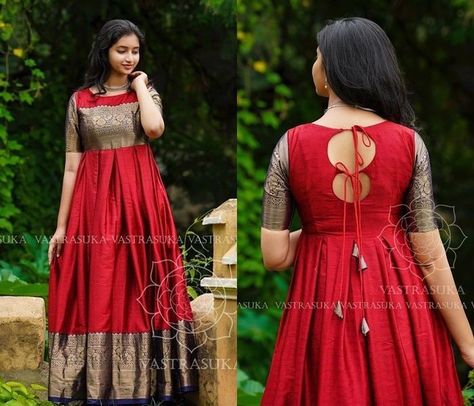 Neck Designs For Pattu Dresses, Long Gown Dress Neck Design, Saree To Long Gown, Saree Come Gown, Long Dress Back Design, Saree Dress Back Neck Designs, Durga Puja Dress Ideas, Design For Long Dresses, Long Gown Dress From Saree Back Design