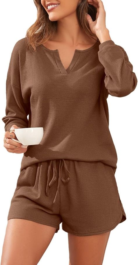 PrinStory Pajamas Set for Women Waffle Knit Lounge Set 2 Piece Outfits Matching Set Loungewear Sweatsuit with Pockets Oatmeal-M at Amazon Women’s Clothing store Sleepwear Outfits Style, Fitted Casual Matching Set Sleepwear, Casual Lounging Sleepwear Matching Set, Women's Pajamas, Long Sleeve Sleepwear Matching Set For Lounging, Long Sleeve Matching Set Sleepwear For Lounging, Relaxed Fit V-neck Loungewear Set, Waffle Knit Pajamas, Knit Lounge Set