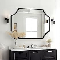 Mirrors For 48 Inch Vanity, Bathroom Mirror Single Sink, Mirrors Bathroom Ideas, Matte Black Bathroom Mirror, Mirror Over Vanity Bathroom, Guest Bathroom Mirror Ideas, Irregular Mirror Bathroom, Black Bathroom Mirror Ideas, Black Accessories Bathroom