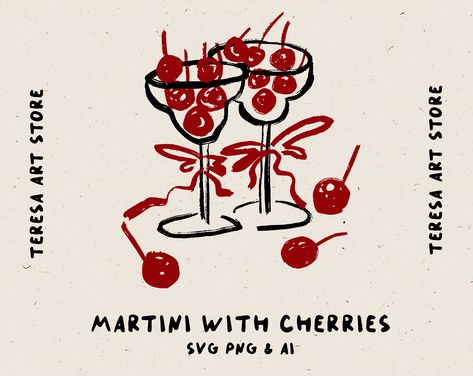 Martini Glass Illustration, Bows Illustration, Martini Illustration, Cherry Aesthetics, Martini Graphic, Bar Illustration, Martini Aesthetic, Cherry Illustration, Cherry Martini