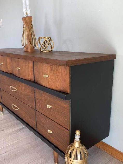 Antique Walnut MCM Dresser | General Finishes Design Center Two Tone Mcm Dresser, Restored Antique Dresser, Antique Walnut Dresser, 9 Drawer Mcm Dresser Makeover, Refurbished Mcm Dresser, Mcm Refinished Dresser, Refinished Mid Century Dresser, Mcm Dresser Flip, Antique Dresser Flip