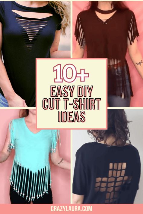 We've got something exciting for you: DIY cut T-shirt ideas! These will revolutionize your wardrobe without requiring any sewing skills. #DIY #Upcycled #Handcrafted Shirt Distressing Diy, Cutout Tshirt Diy Shirt Ideas, Diy Distressed Shirt, How To Cut A Tshirt Cute, Cut T Shirt Neckline, Diy Cutout Shirt, Cut Tshirt Designs, Braided Shirt, Shirt Alterations