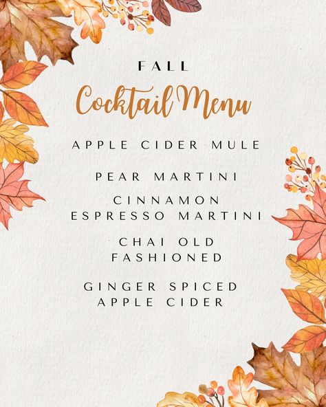 Fall is here & so are the cocktails! 🍁 🍸 Introducing my special lineup of fall inspired cocktails, perfect for all your fall events! Whether you’re hosting a wedding, holiday party, or cozy gathering, these drinks will bring all the fall vibes! Book your fall event and impress your guests with these signature cocktails 🍂 #mobileservesbynirvs #fallcocktails #falldrinks #signaturecocktails #mobilebartender #mobilebartending #eventbartender Signature Wedding Drinks Fall, Signature Cocktail Ideas, Pear Martini, Signature Cocktails Wedding, Wedding Signature Drinks, Cozy Gathering, Spiced Apple Cider, Cocktail Ideas, Ginger Spice