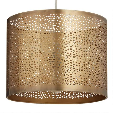 Pierced Antique Brass Drum Table Lamp Shade | World Market Coastal Mcm, Door Overhang, Fancy Furniture, Statement Lamp, Apartment Shopping, Table Lamp Shade, Metal Drum, Table Top Lamps, Office Lamp