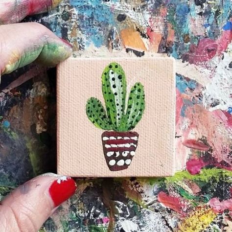 Mini Canvas Painting Ideas, Mini Canvas Paintings, Painted Cactus, Succulents Drawing, Mini Toile, Succulent Painting, Tiny Canvas, Tiny Paintings, Cactus Painting