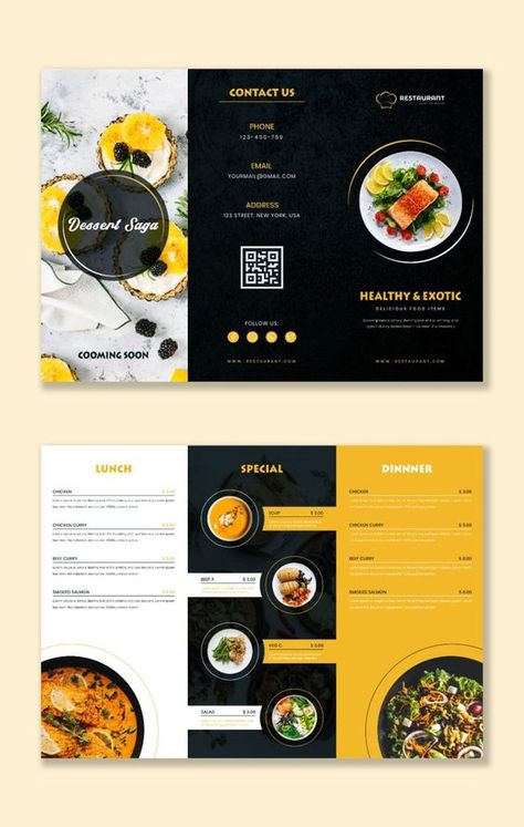 Restaurant Brochure Design Layout, Food Menu Brochure Design, Restaurant Trifold Brochure, Brochure Design Restaurant, Folding Menu Design, Tri Brochure Design, Tri Fold Menu Design, Restaurant Flyer Design Ideas Creative, Food Pamphlet Design