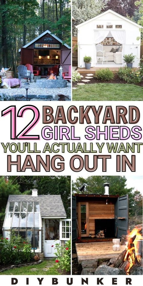 Entertainment Shed Backyards, How To Make A Shed Look Nice, Shed Facelift, Diy Sheds Ideas Backyard, Unique Shed Designs, Backyard Shed Hangout Ideas, Shed Diy Ideas, Outdoor She Shed Ideas, Diy Garden Shed Plans