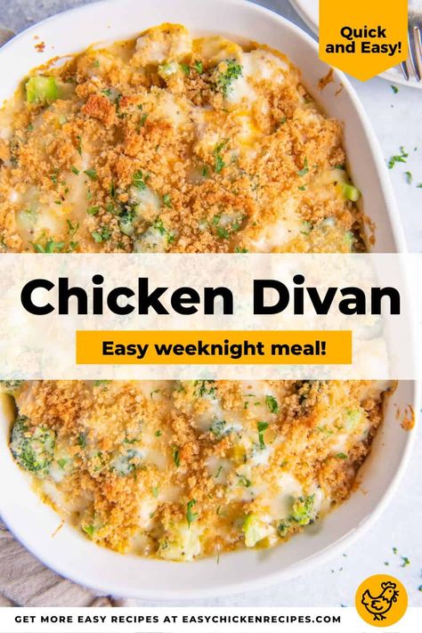 This classic chicken divan recipe is the ultimate comfort food. Juicy chicken smothered in a creamy cheese sauce with fresh broccoli, and topped with buttery breadcrumbs, makes this signature dish an easy family favorite! Campbells Chicken Divan Recipe, Chicken Divine Recipe, Chicken Divine, Diced Chicken Recipes, Chicken Divan Casserole, Chicken Divan Recipe, One Pot Chicken Recipes, Cabin Food, Chicken Smothered