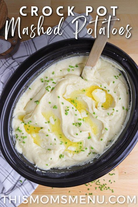 These crock pot Mashed potatoes are the ultimate comfort food side dish. They are super rich and creamy with hardly any effort which makes them a must-try recipe! Mashed Potato Crockpot Recipes, Mash Potato Recipes Crock Pot, Slow Cooker Mash Potatoes Recipe, Slow Cooked Mashed Potatoes, Homemade Mashed Potatoes Crock Pot, Mashed Potatoes In The Crock Pot, Best Crock Pot Mashed Potatoes, Thanksgiving Potatoes Crock Pot, Crockpot Creamy Mashed Potatoes