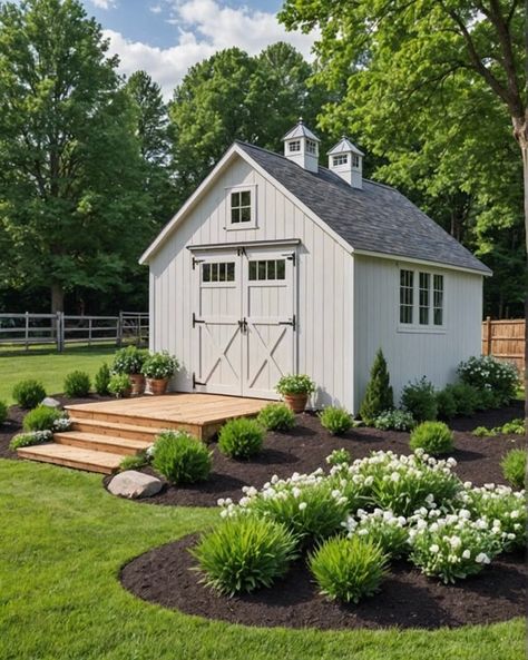 20 Cute Shed Ideas For Your Backyard – ToolzView Cute Backyard Storage Sheds, Backyard Shed Ideas Landscaping, Large Storage Sheds Ideas Backyard, Small Garden Shed Plans, Shed Flower Beds, Backyard Shed With Porch, Backyard Workshop Ideas, Backyard With Shed Layout, Farmhouse Shed Exterior