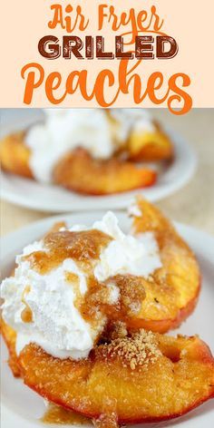 I love grilled peaches - but who wants to heat up the grill for 2 little peaches?! I found a better (and quicker) way - pop 'em in the AIR FRYER!!! I think they're even tastier because you make the sauce right along with the grilled peaches! It's a fantastic Air Fryer Dessert! #airfryer #dessert #grilledpeaches Air Fried Tacos Recipe, Fun Things To Cook In Air Fryer, Peaches In The Air Fryer, Keto Recipes For Ninja Foodi, Peach In Air Fryer, Air Fried Fruit, Air Fryer Grilled Peaches, Keilbasa Airfryer, Air Fryer Fruit Dessert Recipes