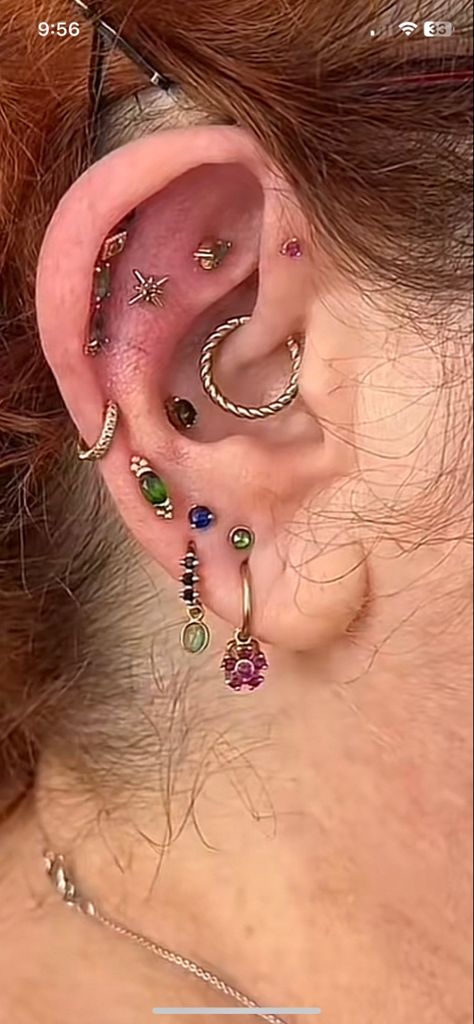 Colorful Ear Styling, Ear Piercing Ideas Maximalist, Cartilage Piercings Chart, Ear Piercing Curation With Gauges, Maximalist Ear Stack, Colorful Ear Stack, Earring Curation Silver, Colorful Ear Piercings, Maximalist Piercings