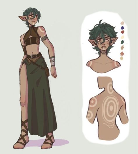 Forest Clothing Concept Art, Poses Fantasy Drawing, Elfs Outfits, Druid Outfit Art, Elf Oc Outfit, Jungle Outfit Drawing, Nature Clothes Drawing, Character Art Nonbinary, Fantasy Femboy Outfits