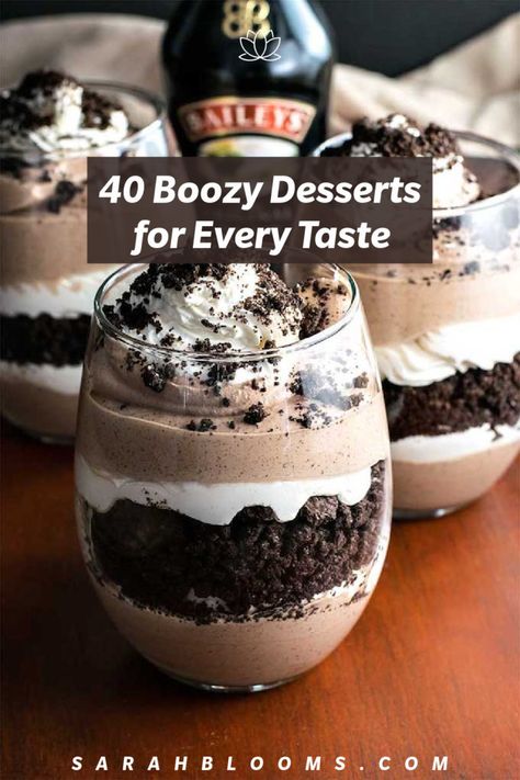 Boozy Dirt Cups, Different Desert Ideas, Baileys Trifle Desserts, Alcohol Frosting Recipes, Boozy Chocolate Mousse, Whiskey Themed Dessert, Alcohol Infused Whipped Cream, Ladies Night Dessert Ideas, Coffee Liquor Dessert Recipes