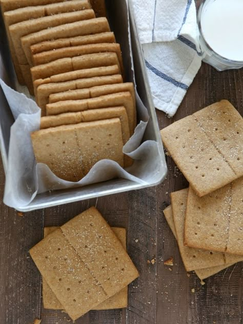 Homemade Honey Graham Crackers - Completely Delicious Honey Graham Crackers, Homemade Crackers Recipe, Graham Cracker Recipes, Homemade Graham Crackers, Homemade Pantry, A Glass Of Milk, Homemade Crackers, Cracker Recipes, Homemade Snacks