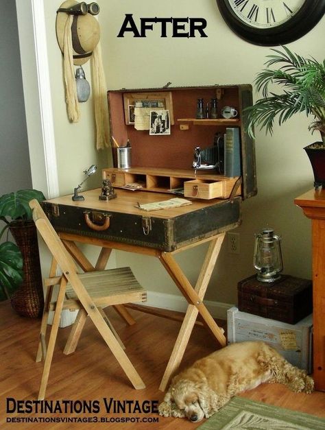 suitcase desk from a wardrobe trunk, diy, how to, painted furniture, repurposing upcycling, rustic furniture, woodworking projects Suitcase Decor, Old Suitcases, Vintage Suitcase, Flipping Furniture, Redo Furniture, Repurposed Furniture, Upcycled Furniture, Rustic Furniture, 인테리어 디자인