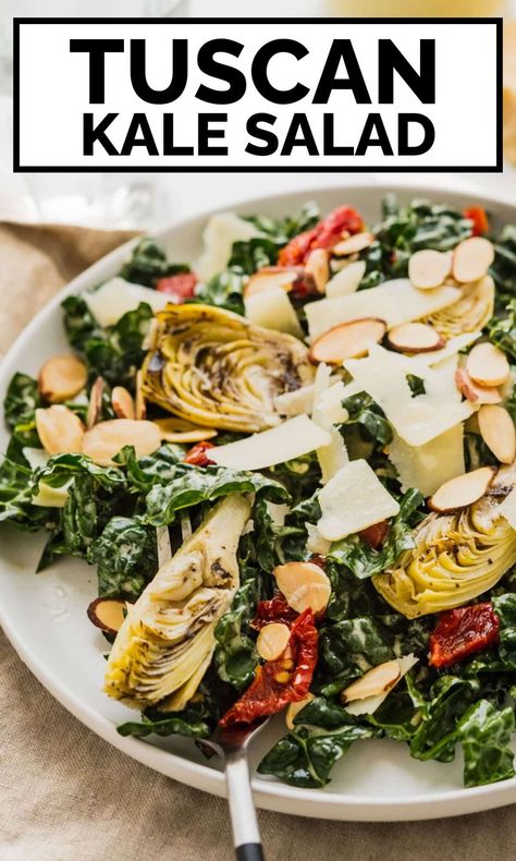 Pasta Salad Artichoke, Lacinato Kale Recipe, Creamy Kale Salad, Salad Artichoke, Best Kale Salad Recipe, Healthy Starter, Tuscan Kale Salad, Artichoke Salad Recipes, Kale Pasta Salad