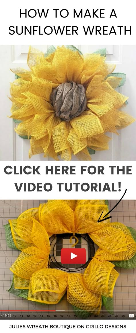 Learn how to make a sunflower wreath using poly burlap. Watch this in depth video tutorial on how to make a sunflower burlap wreath. Clothespin Wreaths, Sunflower Burlap Wreaths, Clothespin Wreath, Clothes Pin Wreath, Burlap Wreaths, Burlap Crafts, Sunflower Wreath, Burlap Flowers, Handmade Things