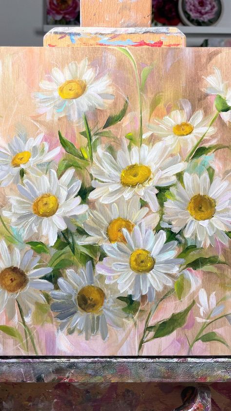 How To Paint A Daisy, Daisy Art Painting, Daisy Flower Painting, Daisy Flower Art, Daisies Painting, Flower Mural, Bee Painting, Daisy Art, Cabin Art