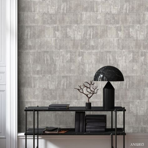 Introducing Alcazar from the Andalusia collection, a sophisticated semi-plain wallpaper featuring a large-scale worn textural design. Featured here is the colour Platinum AN02103. Alcazar is available in five stunning colourways. #wallpaper #andalusia #mural #walls #interiors #interiordesign #sketchtwenty3 #buenavista #wallpapermural #luxurymurals #newarrival #neutralinteriors #interiordesigners #newcollection Industrial Feature Wall, Sophisticated Wallpaper, Industrial Wallpaper, Feature Wall Design, Hotel Chic, Modern Nautical, Plain Wallpaper, Neutral Interiors, Stripes Texture