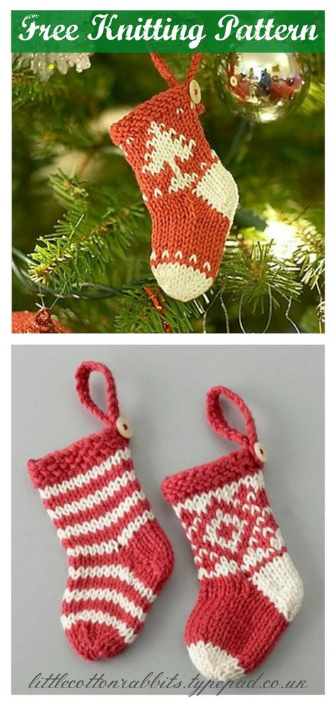 Mini Christmas Stocking Free Knitting Pattern Knitted Christmas Stocking Patterns Free, Christmas Stocking Pattern Free, Knitted Christmas Stocking Patterns, Stocking Pattern Free, Christmas Knitting Projects, Knit Christmas Ornaments, Knitted Christmas Decorations, Christmas Knits, Stocking Patterns