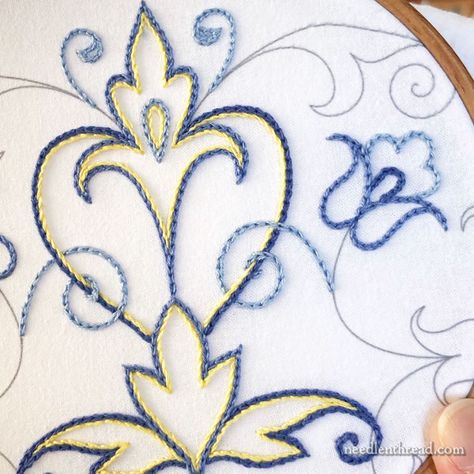 Scrolly Designs: Stitches, Colors, Tips – NeedlenThread.com Chain Stitch Embroidery Design Pattern, Scroll Stitch Embroidery, Chain Stitch Embroidery Design, Scroll Stitch, Embroidery Design Pattern, Stitch Embroidery Design, Thread Needle, Basic Embroidery, Chain Stitch Embroidery