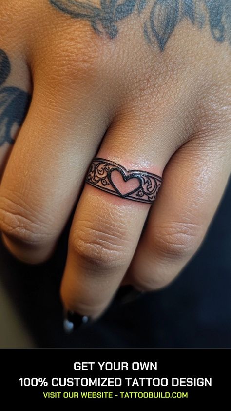 Heart Ring Tattoo, Marriage Ring Tattoos, Tatoo Ring, Wedding Ring Tattoo Ideas, Ryan Tattoo, Girly Hand Tattoos, Ring Tattoo Ideas, Nc Tattoo, Marriage Tattoos