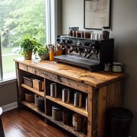 How to Build a DIY Home Coffee Bar - Recipes Time Diy Industrial Coffee Bar, Coffee Cubby, Coffee Bar Home Ideas, List Organization Ideas, Coffee Bar Diy Ideas, Bar Home Ideas, Diy Indoor Bar, Dresser Coffee Bar, Diy Coffee Bar Table