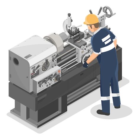 Technician work on heavy duty metal lath... | Premium Vector #Freepik #vector #lathe #cnc-machine #industrial-equipment #cnc Cnc Lathe Machine, Jaket Motor, Machine Logo, Industrial Engineering, Lathe Machine, Metal Lathe, Industrial Machinery, Small Business Social Media, Cnc Lathe