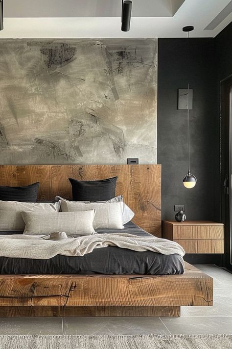 beautifulbedroom with modern platform wood bed, limewash wall and black accent wall, modern bedroom lighting Modern Industrial Bedroom Design, Accent Wall In Bedroom, Modern Industrial Bedroom, Black Paint Colors, Paint Colors 2024, Luxury Room Decor, Industrial Style Bedroom, Industrial Bedroom Design, Black Bedroom Furniture