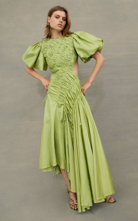 Women's Aje Pre Fall 2022 Collection | Moda Operandi Aje Dress, Shoulder Puff Sleeve, Designer Midi Dresses, Cotton Midi Dress, Green Midi Dress, Back Details, Midi Maxi Dress, Midi Length Dress, Fall 2022