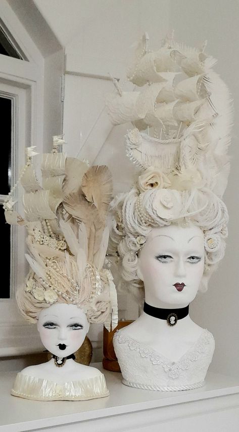 Painting Mannequin Heads, Anything But Hair Mannequin Challenge Ideas, Anything But Hair Project Cosmetology, Updo Competition, Anything But Hair Mannequin Challenge, Styrofoam Head Ideas, Paper Wigs, Dress Form Decor, Mannequin Decor