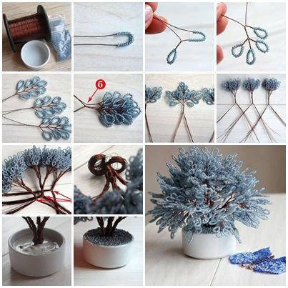 DIY Miniature Tree of Beads Step by Step Beads Step By Step, Bead Trees, Diy Copper, Beaded Flowers Patterns, French Beaded Flowers, Wire Tree Sculpture, Copper Diy, Wire Trees, Miniature Trees