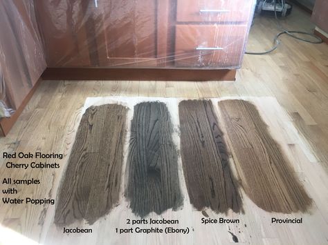 Red oak flooring stain options with Cherry Cabinets.  Water popping- Jacobean, Graphite, Spice Brown and Provincial Hardwood Floor Stain Colors, Oak Floor Stains, Cheap Hardwood Floors, Floor Stain Colors, Wood Floor Stain Colors, Jacobean Stain, Red Oak Hardwood Floors, Red Oak Hardwood, Red Oak Floors