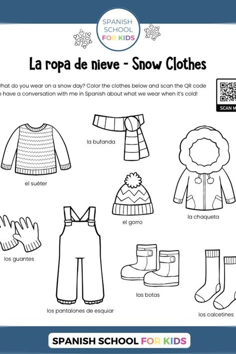 These easy-to-use & free coloring pages for kids are perfect for language learning fun at home - no Spanish experience needed! These winter coloring pages free printable activities include free coloring pages to print with useful Spanish vocabulary. Plus have videos to go with the free coloring pages printables. These free coloring pages winter activities are perfect homeschool or afterschool activities. Click the link for these free coloring pages for kids printables today! Winter Coloring Pages Free Printable, Spanish Words For Kids, Winter Fun Activities, Spanish Resource, Worksheets In Spanish, Winter Vocabulary, Free Coloring Pages Printables, Winter Worksheets, Spanish Words For Beginners