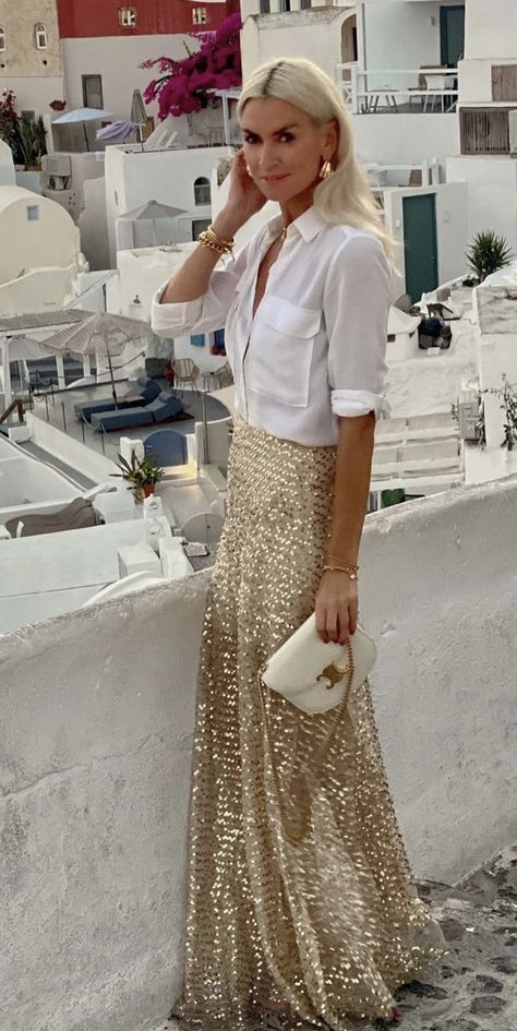 Cool Nye Outfit, Gold Sparkle Outfit, White With A Touch Of Gold Outfit, New Years Eve Outfits Bar, Modest Nye Outfit, Comfortable New Years Eve Outfit, Long Gold Skirt Outfit, Champagne Party Outfit, White Sequin Skirt Outfit