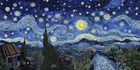 Van Gogh Cover Photo, Landscape Starry Night, Desktop Wallpaper Hd 1080p Starry Night, Starry Night Ipad Wallpaper, Van Gogh Sky Painting, Van Gogh Wallpaper Landscape, Starry Night By Van Gogh, Van Gohn Paint Starry Night, The Starry Night Wallpaper Computer