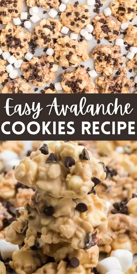 Avalanche Cookies - No Bake Cookie Recipe No Bake Almond Bark Cookies, Avalanche Cookies Christmas, No Bake Avalanche Cookies Recipe, White No Bake Cookies, Holiday Treat Exchange Ideas, Christmas Avalanche Cookies, Cookie With White Chocolate Chips, No Baking Cookies, Things To Make With Almonds