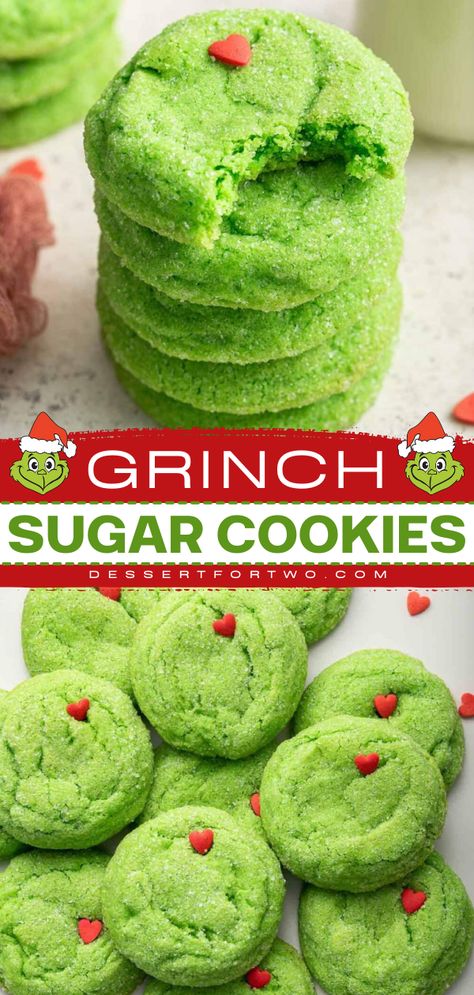 You'll love these best sugar cookies for your easy Thanksgiving sweet treats! Learn how to make these simple grinch drop sugar cookies that are made with melted butter, green food coloring and a single red sprinkle to represent the Grinch's heart. Yum! Grinch Cookies Decorated, Grinch Sugar Cookies, Christmas Cookie Recipes Holiday, Grinch Cookies, Cookies Homemade, Christmas Fudge, Christmas Baking Recipes, Cookies Christmas, Xmas Cookies