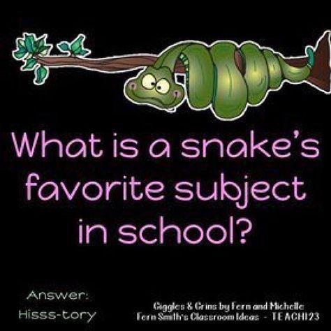 Today's Joke for Your Weekend! What is a snake's favorite subject in school? Hisssss-tory! #TonightsJokeForTomorrowsStudents #FernSmithsClassroomIdeas Funny Clean Jokes, Kid Friendly Jokes, Funny Corny Jokes, Lunchbox Jokes, Kid Jokes, Punny Jokes, Kids Jokes, Funny Clean, Lame Jokes