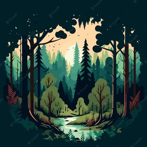 Adventure Time Forest Background, Vector Forest Illustration, Forest Vector Art, Forest Cute Drawing, Nature Themed Paintings, Forest Landscape Illustration, Forest Illustration Trees, Forest Trees Drawing, Forest Drawing Ideas